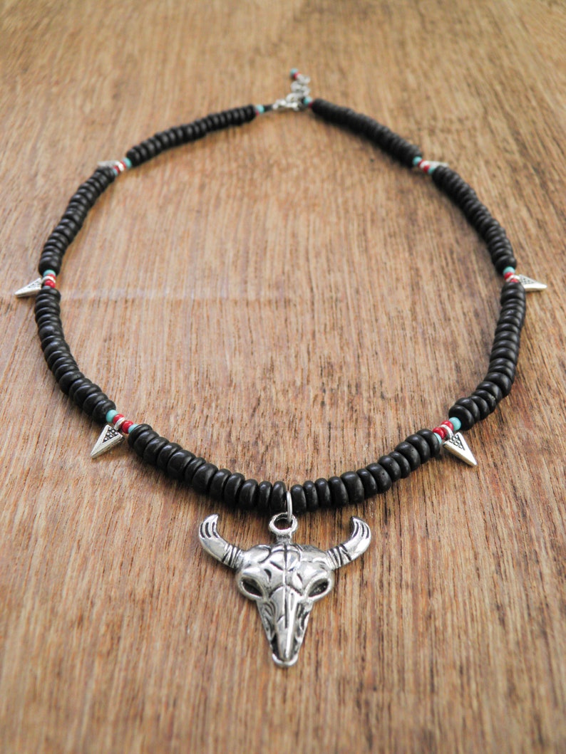Buffalo head skull necklace,Boho necklace,Choker necklace,Black bone bead necklace,Silver metal buffalo necklace,Summer boho necklace