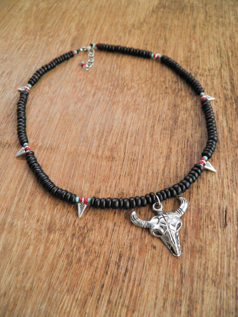 Buffalo head skull necklace,Boho necklace,Choker necklace,Black bone bead necklace,Silver metal buffalo necklace,Summer boho necklace