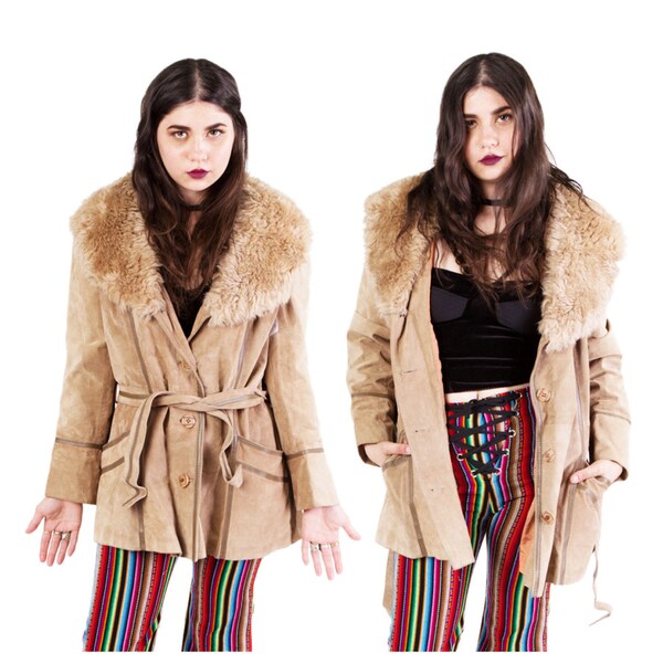 Vintage PENNY LANE Groupie Love Leather Fur Coat // Iconic 60s 70s Rockstar Suede Faux-Fur Jacket