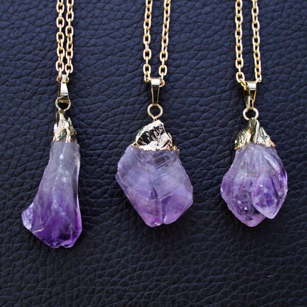 Gold Dipped Raw Amethyst Necklace -- 10K Gold