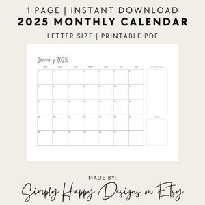 2025 Monthly Planner Printable, Calendars, Simple, Letter Size, Planners, January - December, 12 Month, Printable, Organize, Yearly Calendar