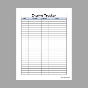 May include: A printable income tracker with columns for date, source, amount, and notes. The title is "Income Tracker" and the footer says "Simply Happy Designs".