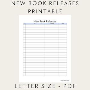 Nuevos lanzamientos de libros imprimibles, PDF, tamaño carta, seguimiento de libros, lista de lecturas pendientes, registro de nuevos lanzamientos, PDF imprimible