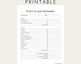 May include: A printable profit and loss statement template. The template includes sections for income, expenses, and net income. The document is letter size.