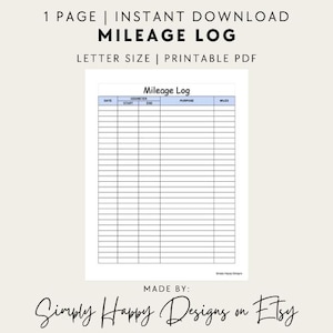 Mileage Log Printable - PDF - Letter Size