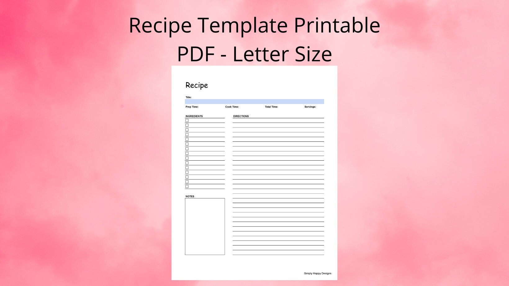 Recipe Template Printable - PDF - Letter Size - Recipe Card/recipe Page ...