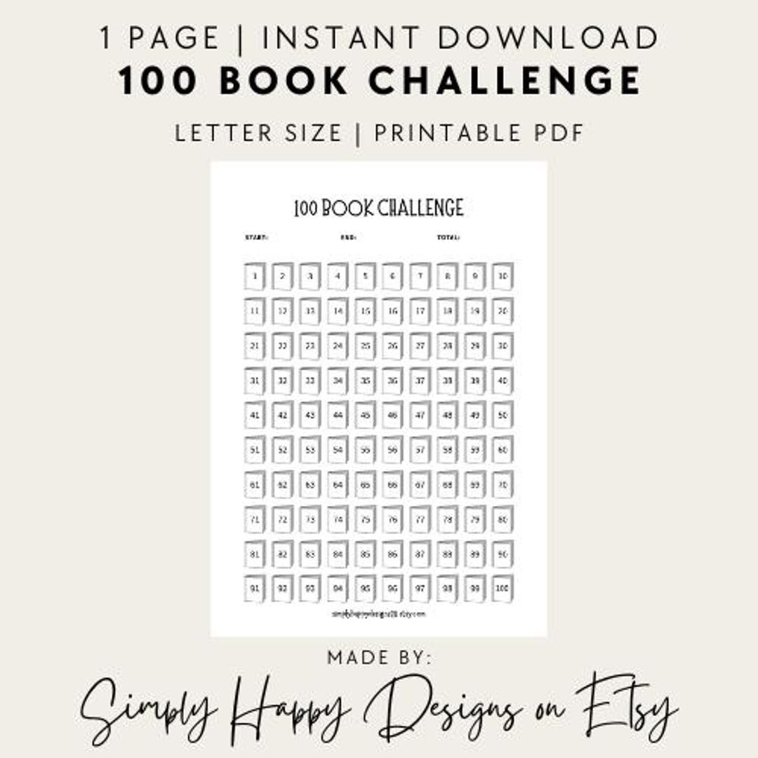 100 Book Challenge Printable - PDF - Letter Size - Etsy