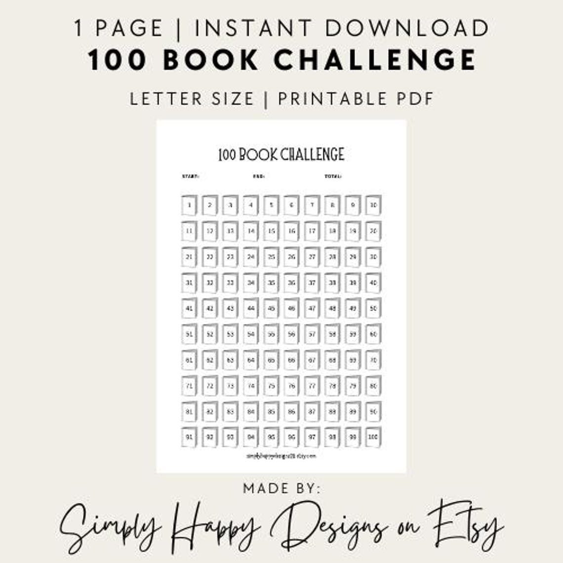 100 Book Challenge Printable - PDF - Letter Size - Etsy
