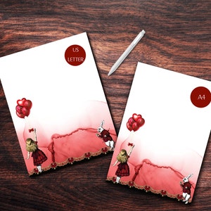 Red Heart Balloon Alice in Wonderland printable paper set || Stationary & Notebook paper set ||
