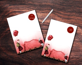 Red Heart Balloon Alice in Wonderland printable paper set || Stationary & Notebook paper set ||