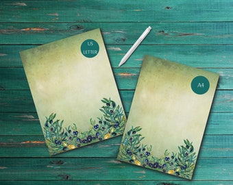 Printable Olives stationery in unlined college ruled lined & journal style paper