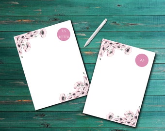 Printable Pink Poppies Unlined, College ruled & Journal style paper|| Printable stationery