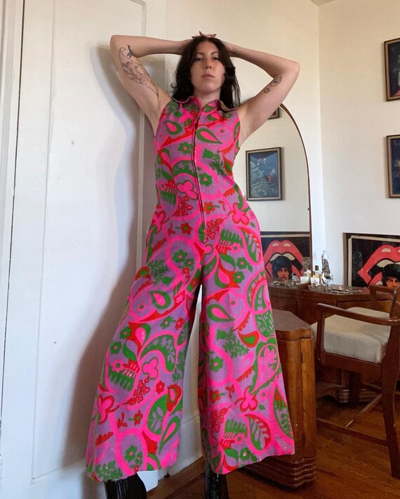 VTG 60s neon flower printed wool wide leg jumpsuit