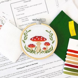 Mushroom Cross Stitch Kit - adult craft project kit - toadstool art - beginner cross stitch kit - easy cross stitch pattern - 3 inch