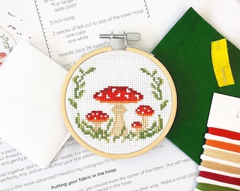 Mushroom Cross Stitch Kit - adult craft project kit - toadstool art - beginner cross stitch kit - easy cross stitch pattern - 3 inch