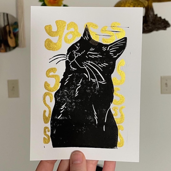 Yas cat linocut block print 5x7