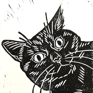 Funny cat linocut block print 4x6