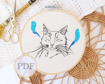 Ghost Kitty embroidery pattern - PDF embroidery pattern - halloween embroidery - cat and ghost embroidery design - beginner thread painting