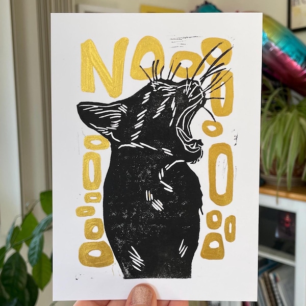No cat linocut block print 5x7