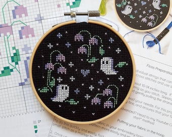 Halloween Cross Stitch Kit - Ghost Garden - Cute Ghost - Beginner Friendly Cross Stitch Kits - Cross Stitch Art DIY