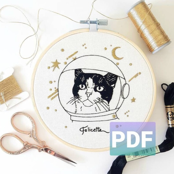 PDF pattern - Felicette space cat embroidery pattern - cat embroidery diy - do it yourself embroidery pattern - black outline embroidery