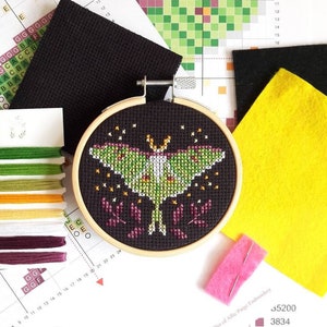 Actias Luna Moth Cross Stitch Kit - luna moth art - moth cross stitch - beginner kit - small cross stitch