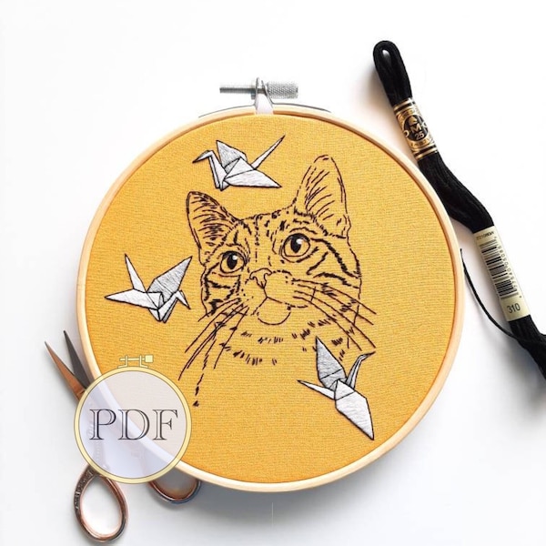 Paper Cranes and Cats embroidery design  - hand embroidery pattern - surreal embroidery - modern embroidery do it yourself - PDF digital