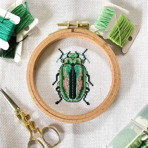 May include: A cross-stitch project featuring a green and pink beetle design within a wooden embroidery hoop. Green embroidery floss and gold scissors are arranged around the hoop on a white fabric background. The beetle has a detailed, colorful pattern.