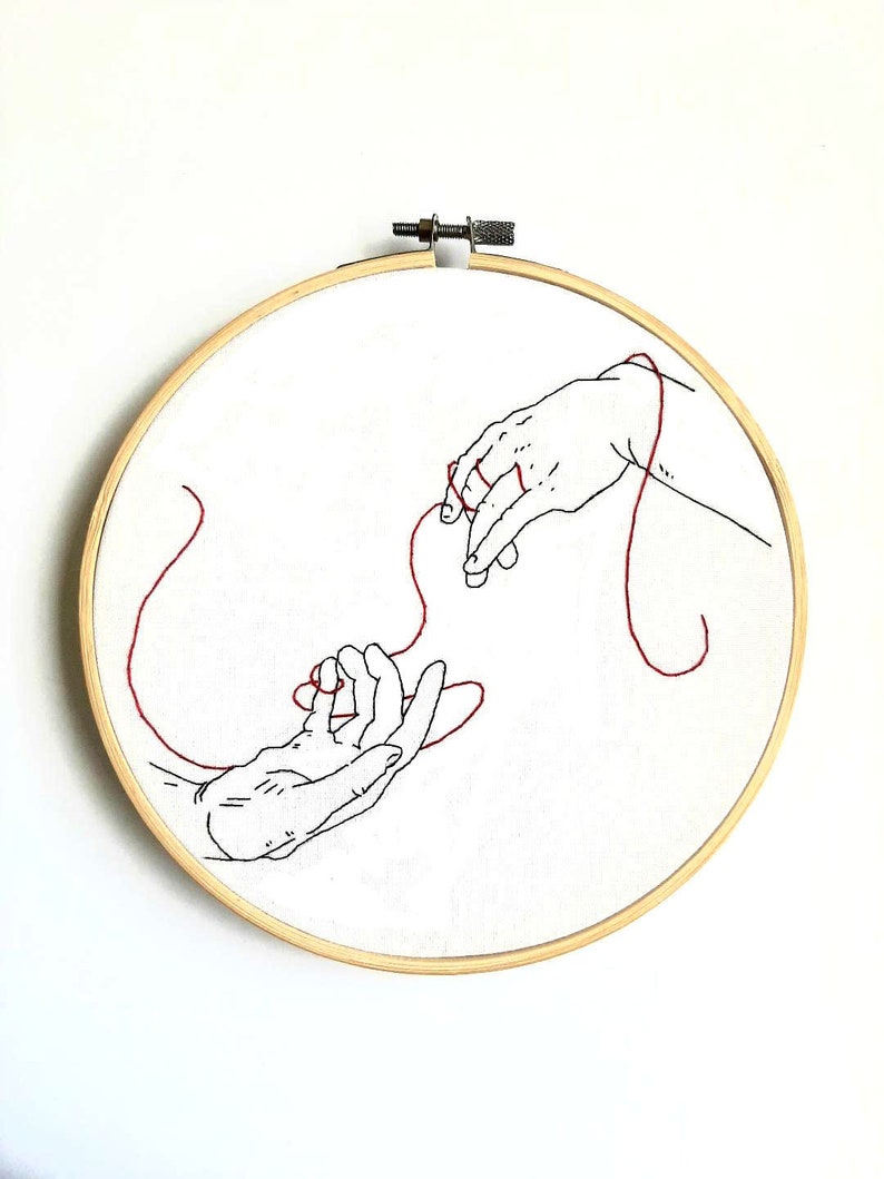 Creation of Adam inspired hand embroidery finished Michael Angelo embroidery hands embroidery red thread gift embroidery hoop