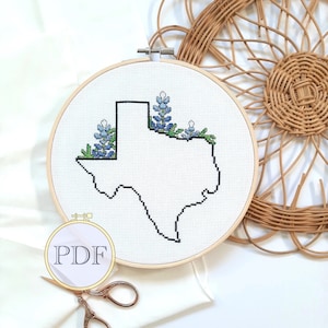 Texas cross stitch pattern pdf - beginner to intermediate - blue bonnet cross stitch - texas embroidery hoop - diy embroidery art