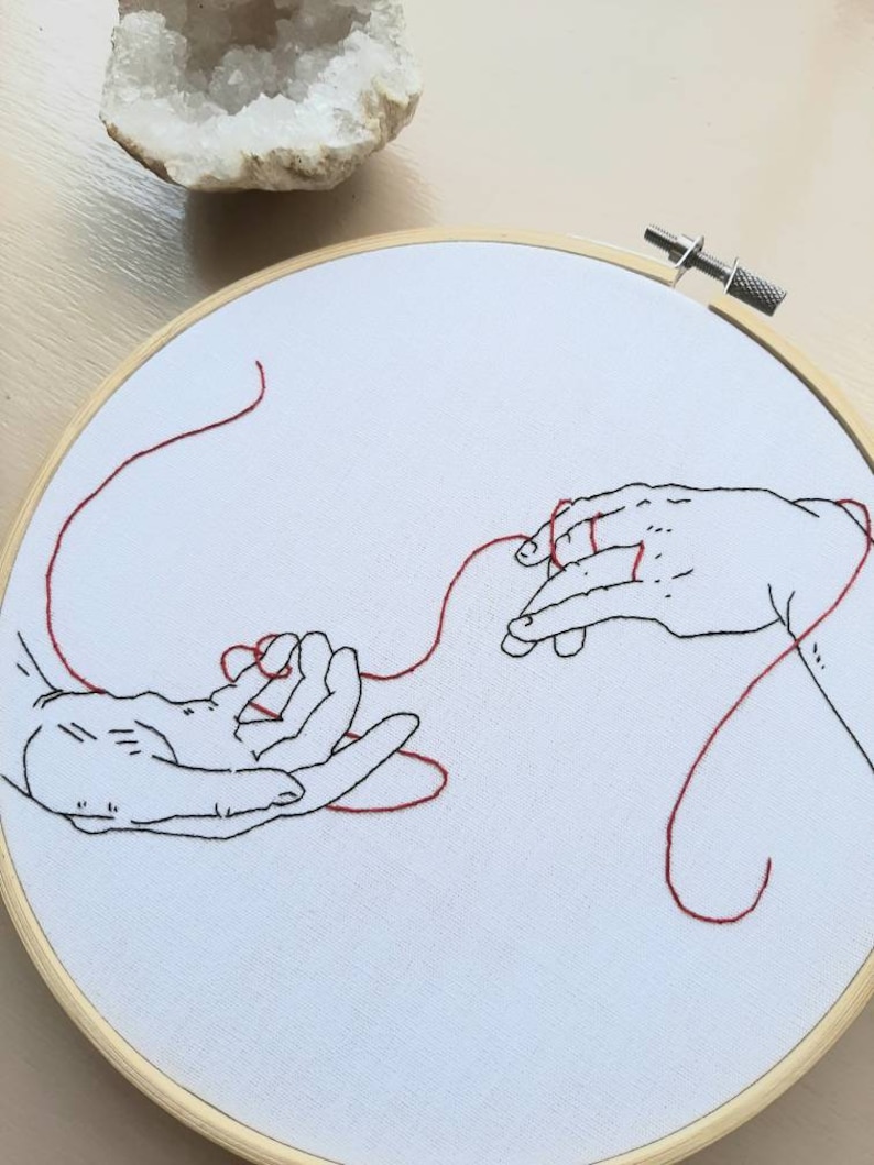 Creation of Adam inspired hand embroidery finished Michael Angelo embroidery hands embroidery red thread gift embroidery hoop