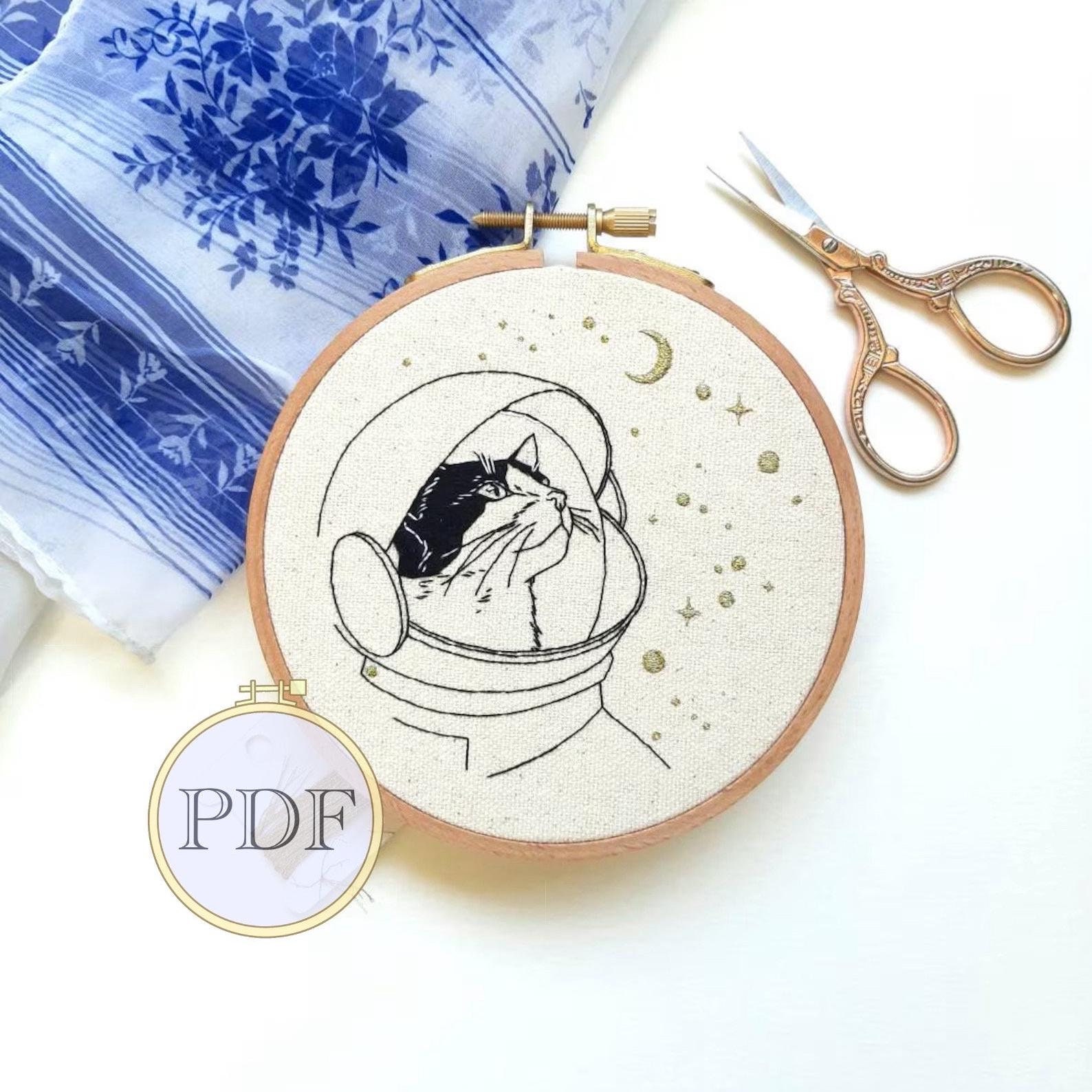 Space Cat Embroidery Pattern: Beginner DIY Design (PDF)