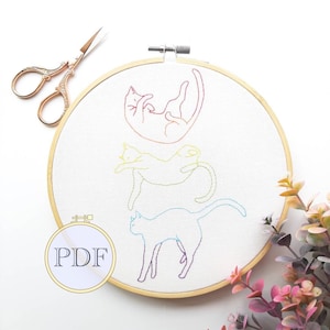 Cat Embroidery design - Pattern PDF - do it yourself embroidery - simple and easy embroidery pattern - beginner pattern - rainbow - cat hoop