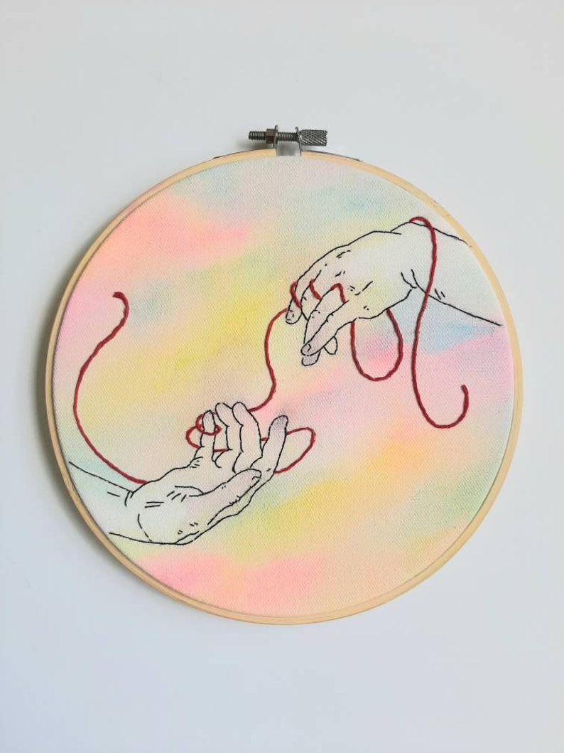 Creation of Adam inspired hand embroidery finished Michael Angelo embroidery hands embroidery red thread gift embroidery hoop