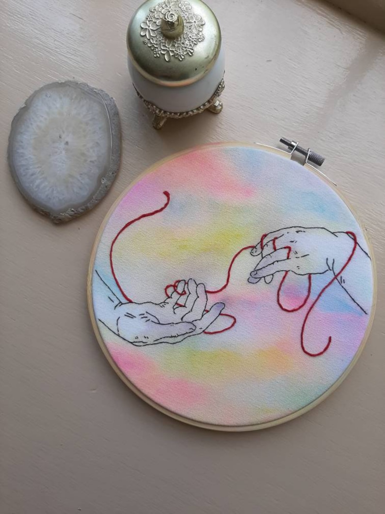 Creation of Adam inspired hand embroidery finished Michael Angelo embroidery hands embroidery red thread gift embroidery hoop