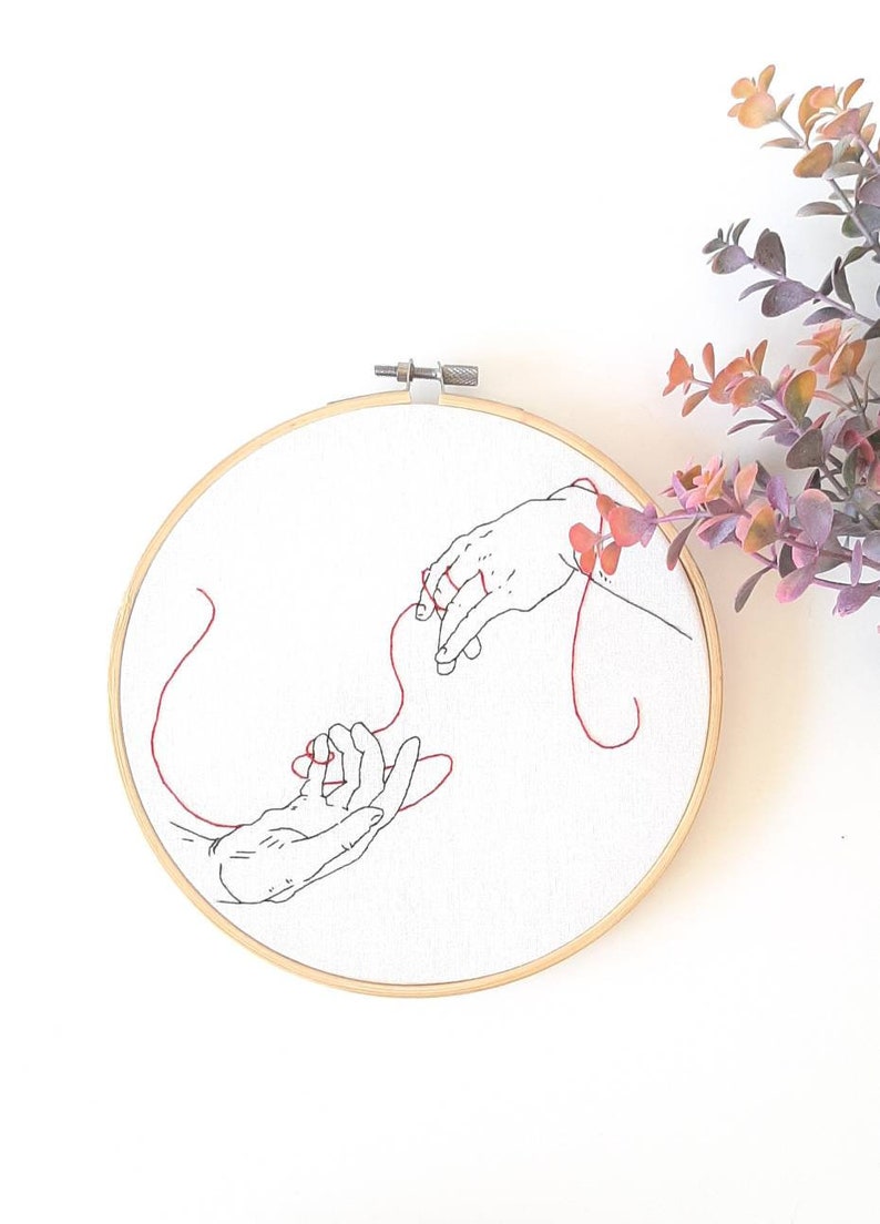 Creation of Adam inspired hand embroidery finished Michael Angelo embroidery hands embroidery red thread gift embroidery hoop