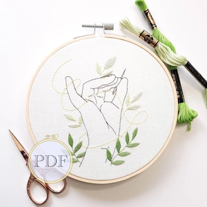 May include: A close-up of a hand embroidery hoop with a black line drawing of a hand holding a needle and thread. The hand is surrounded by green and yellow embroidery stitches that resemble leaves.