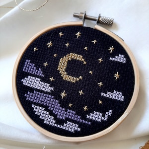 PDF - Moon in the night sky cross stitch pattern - small cross stitch - 3 inch pattern - beginner embroidery - quick counted cross stitch