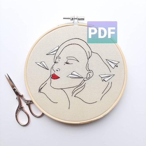 PDF hand embroidery pattern - Paper Planes Hand embroidery - woman in the sky modern embroidery pattern - beginner and easy pattern -