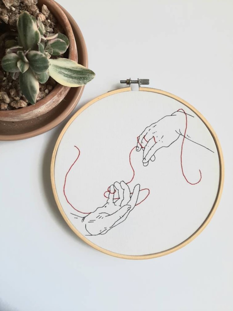 Creation of Adam inspired hand embroidery finished Michael Angelo embroidery hands embroidery red thread gift embroidery hoop