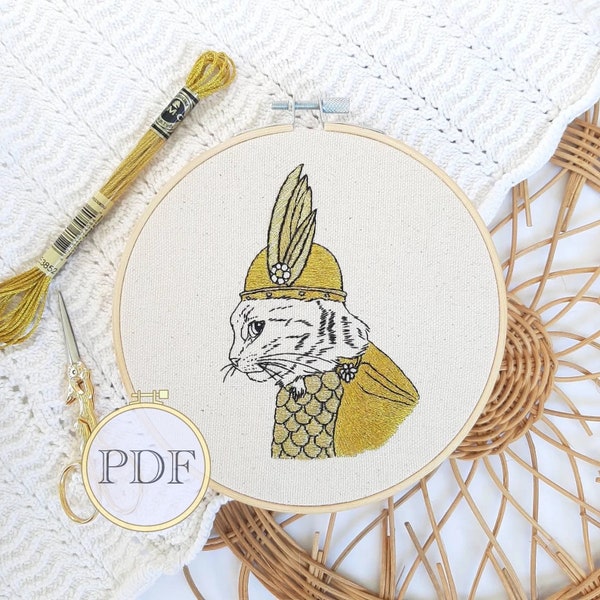 Cat Embroidery Pattern - Brunnhilde cat decor - do it yourself hand embroidery - gold embroidery