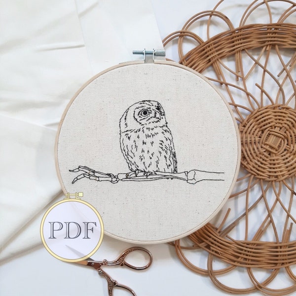 PDF PATTERN - Hand embroidery digital download of perched owl on skeleton arm - do it yourself pattern - beginner embroidery art pattern