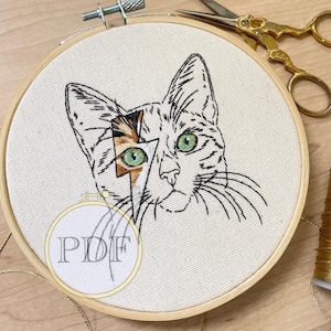 以下が含まれることがあります： 黒い輪郭と稲妻のデザインが施された猫の刺繍フープのクローズアップ。猫の目は緑色で、毛皮は茶色、オレンジ、白です。フープは木でできており、白い布の背景があります。画像の左下隅に「PDF」という単語が表示されています。