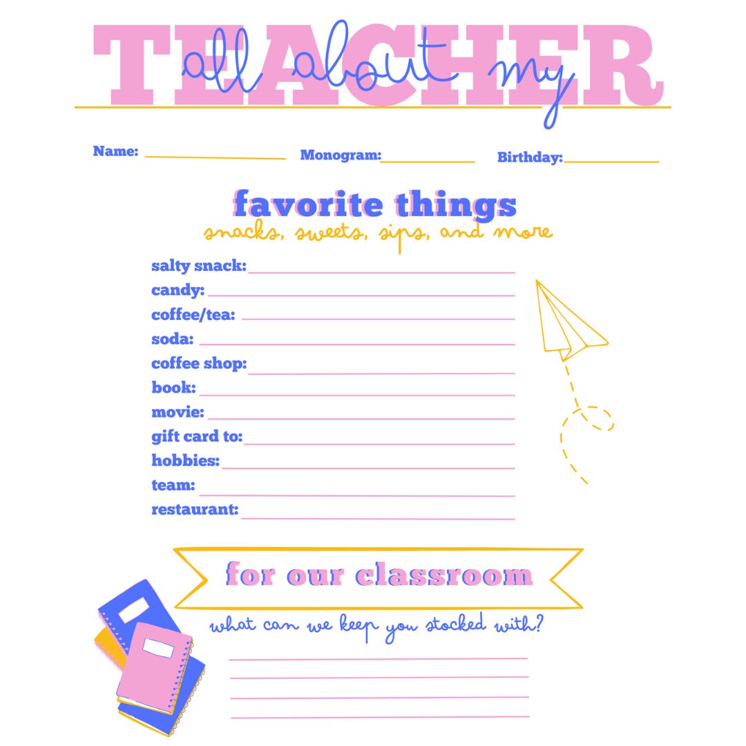 Teacher Favorites Questionnaire - Pink and Blue - Etsy