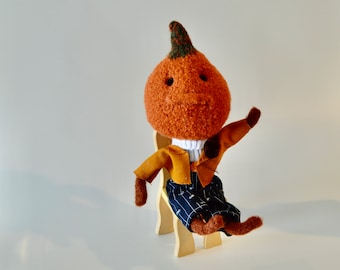 Knitted Felted Wool Pumpkin Art Doll: Halloween Fall Decor