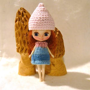 May include: A small doll with red hair, blue eyes, and a pink knitted hat and dress. The doll is standing in front of two carved wooden mushroom sculptures. The dress is blue and pink, and the hat is a light pink color.