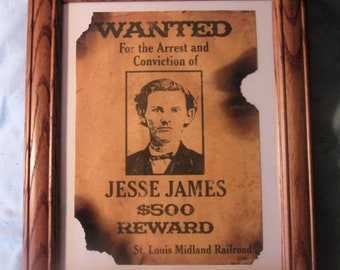 Framed Western Outlaw Jesse James Wanted Poster, American Wall Art, Wall Decor.