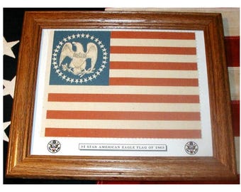Drapeau 34 étoiles encadré, drapeau aigle américain, drapeau civil de la guerre civile de 1863, art mural Americana patriotique, décoration murale.