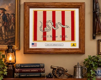 May include: A framed print of the Sons of Liberty flag featuring red and white vertical stripes, a black snake illustration, and the text JOIN, or DIE. The print includes a small American flag and a Gadsden flag icon at the bottom.