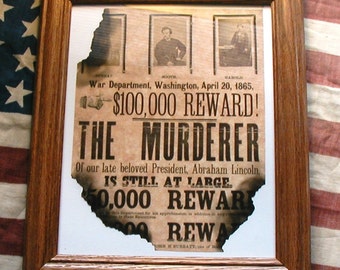 ABRAHAM LINCOLN ASSASINATION, John Wilkes Booth Wanted Poster Antiqued Parchment, Americana Wall Art, Wall Decor.